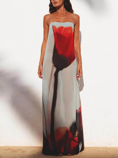 Vestido Largo Recto de Tirantes con Estampado de Tulipanes