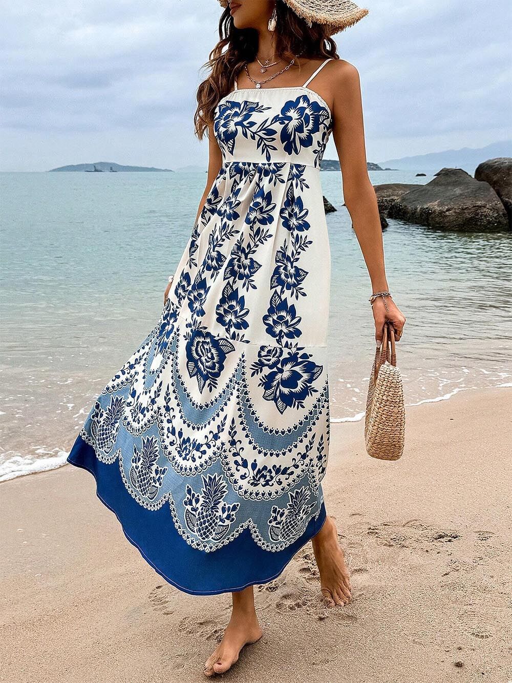 Vestido midi suelto con estampado floral étnico en la espalda