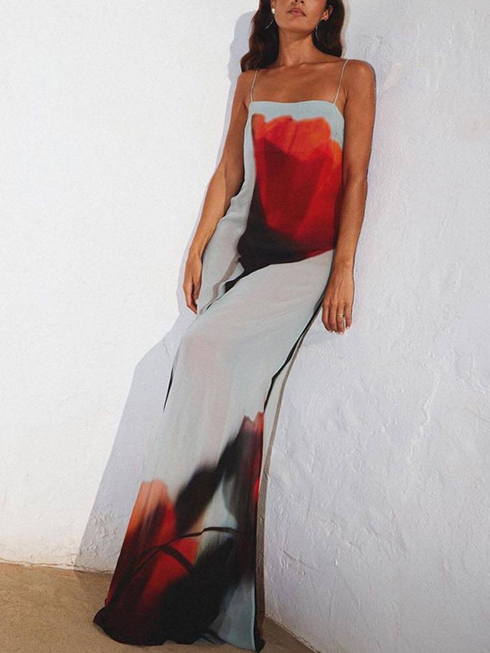 Vestido Largo Recto de Tirantes con Estampado de Tulipanes