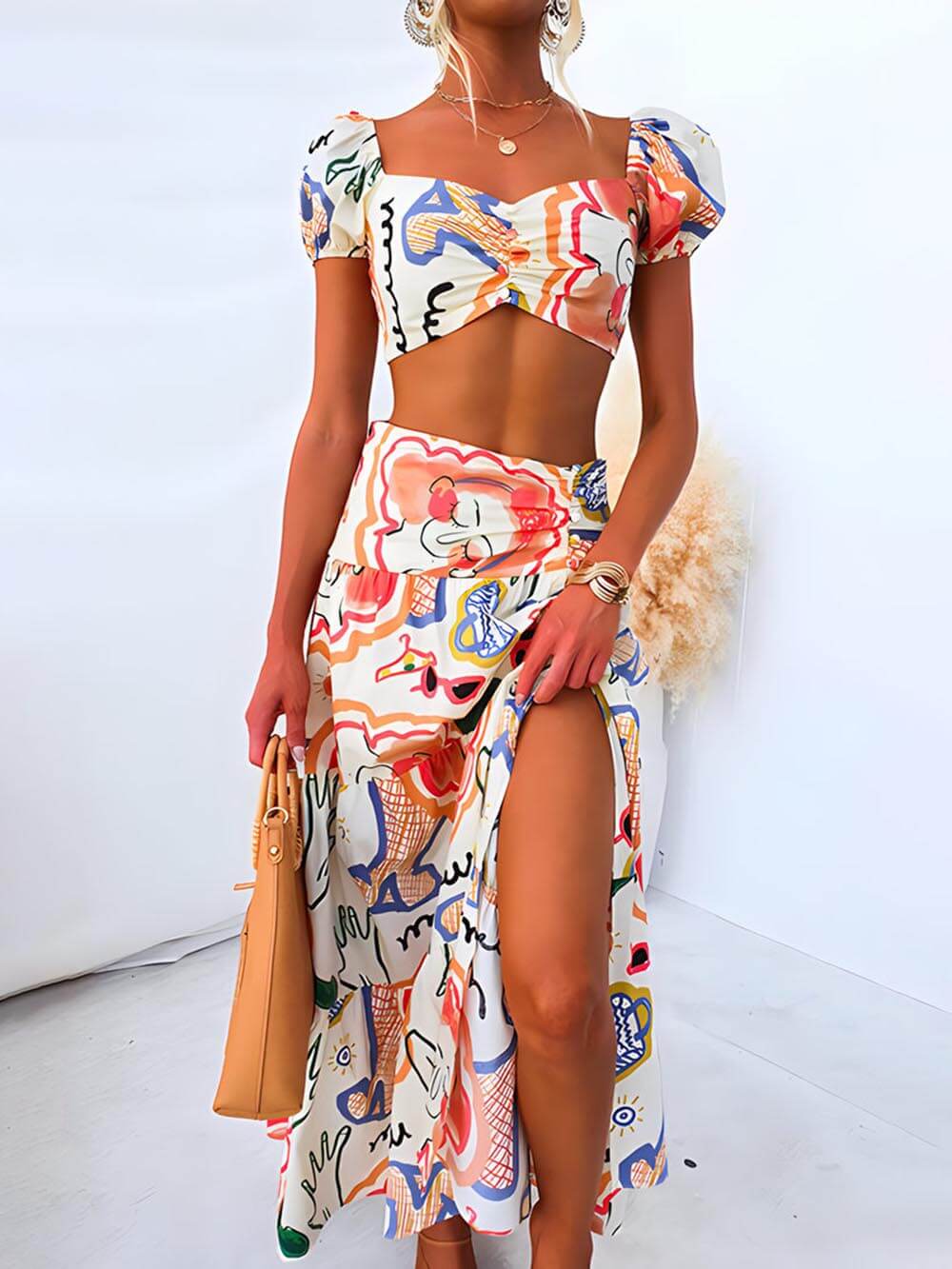 Falda cruzada de verano y traje de dos piezas con top estampado