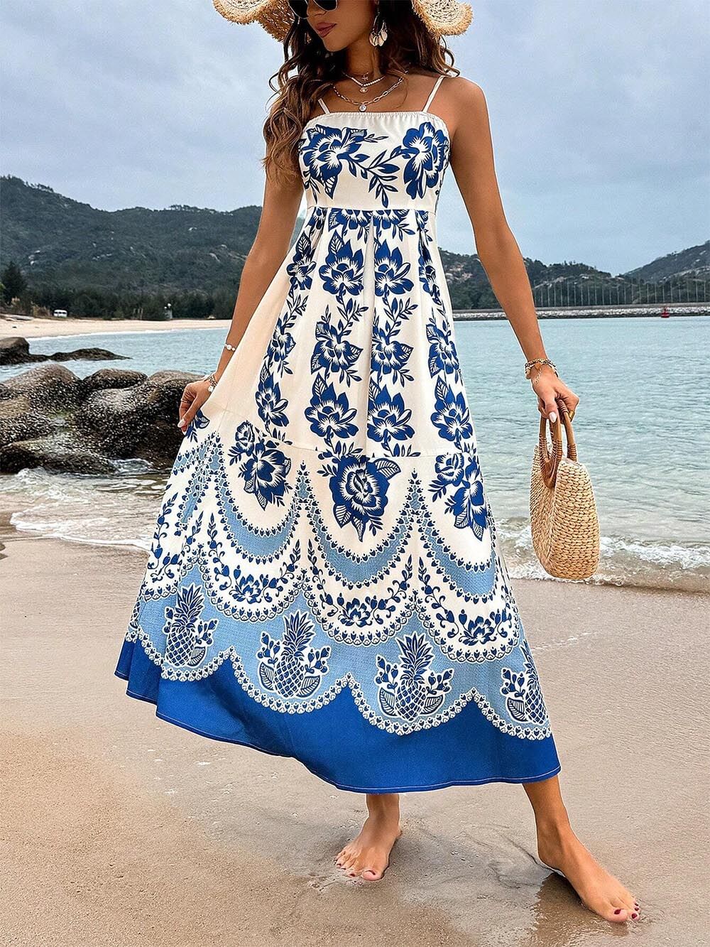 Vestido midi suelto con estampado floral étnico en la espalda