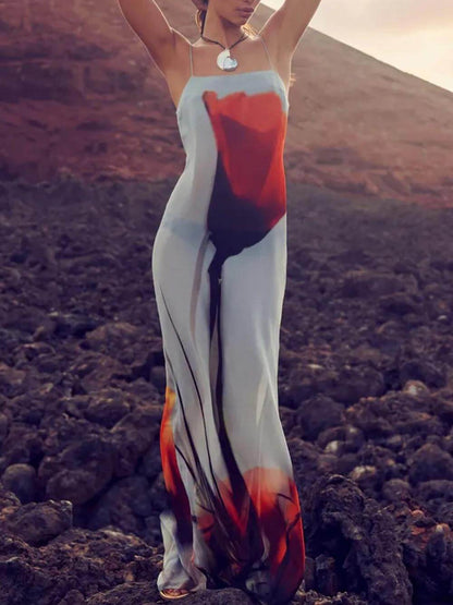 Vestido Largo Recto de Tirantes con Estampado de Tulipanes