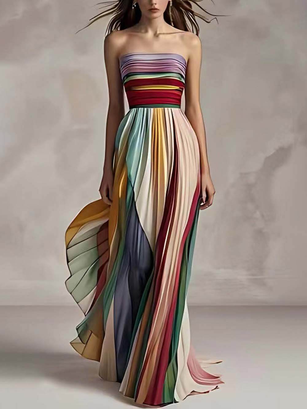 Vestido largo palabra de honor plisado con hombros descubiertos y estampado de rayas elegante