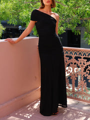 Elegance Effortless  Mesh Off Shoulder Ruched Stretch Maxi Dress