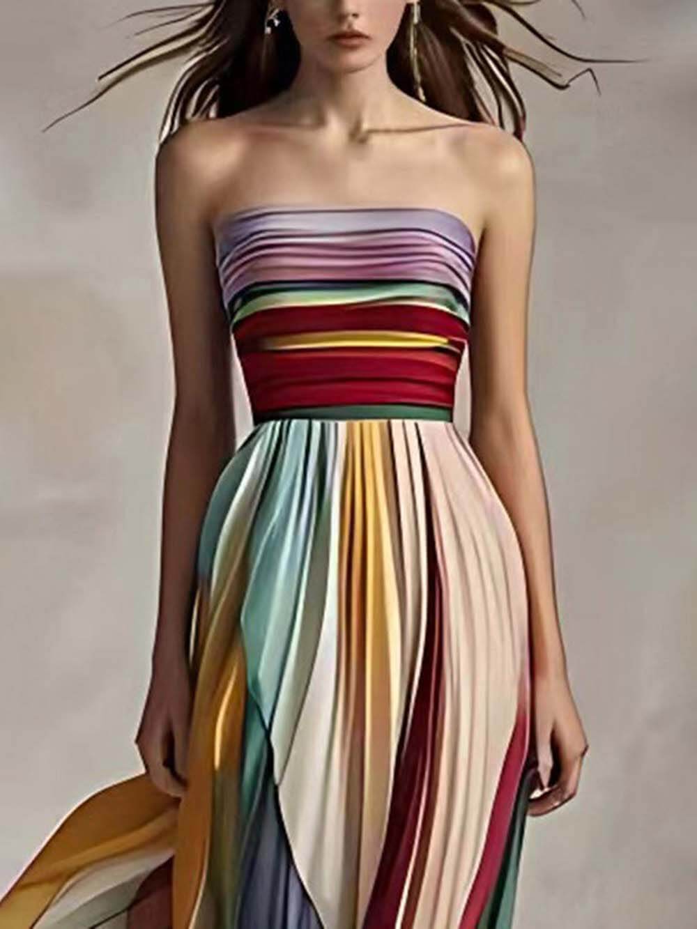 Vestido largo palabra de honor plisado con hombros descubiertos y estampado de rayas elegante