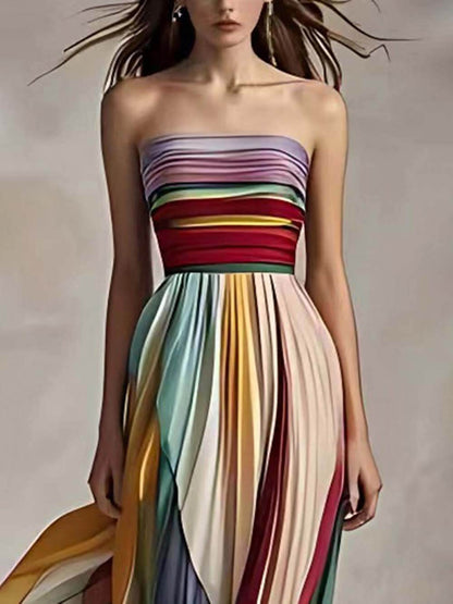 Vestido largo palabra de honor plisado con hombros descubiertos y estampado de rayas elegante
