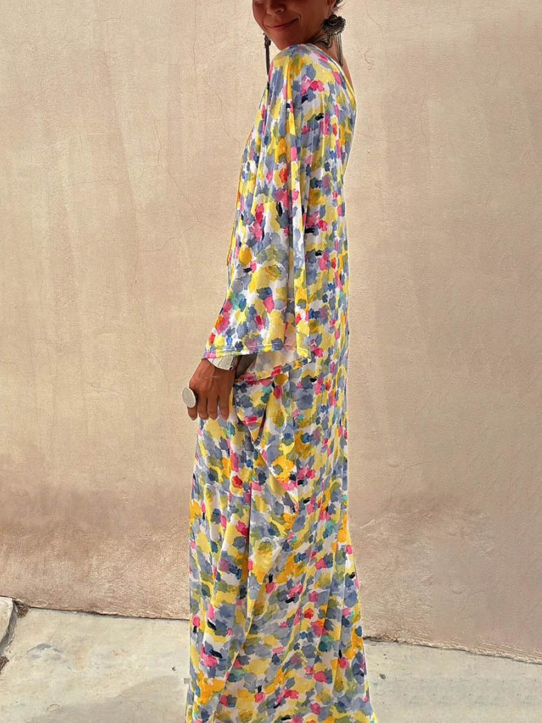 Vestido largo informal con hombros descubiertos y estampado teñido en tinta para vacaciones