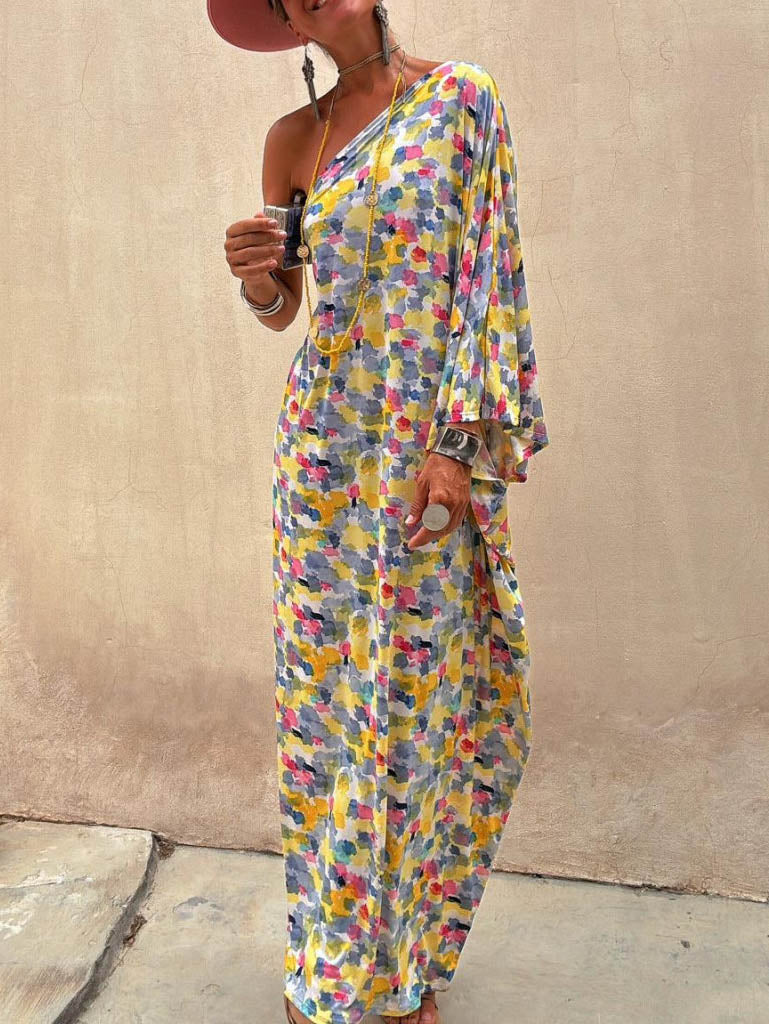 Vestido largo informal con hombros descubiertos y estampado teñido en tinta para vacaciones