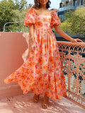Vestido largo con bolsillo fruncido en la espalda y estampado floral con mangas abullonadas