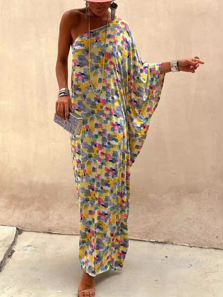 Vestido largo informal con hombros descubiertos y estampado teñido en tinta para vacaciones