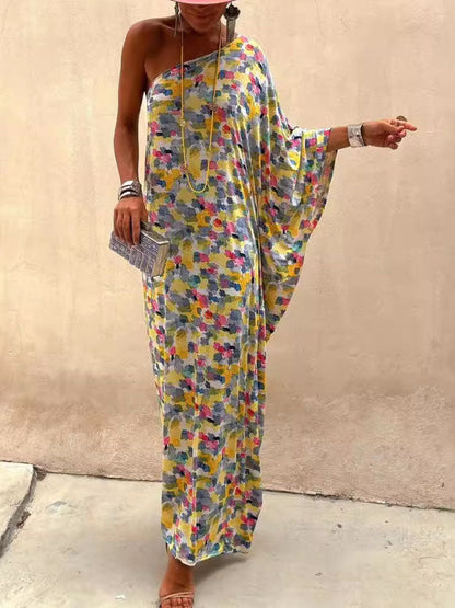 Vestido largo informal con hombros descubiertos y estampado teñido en tinta para vacaciones