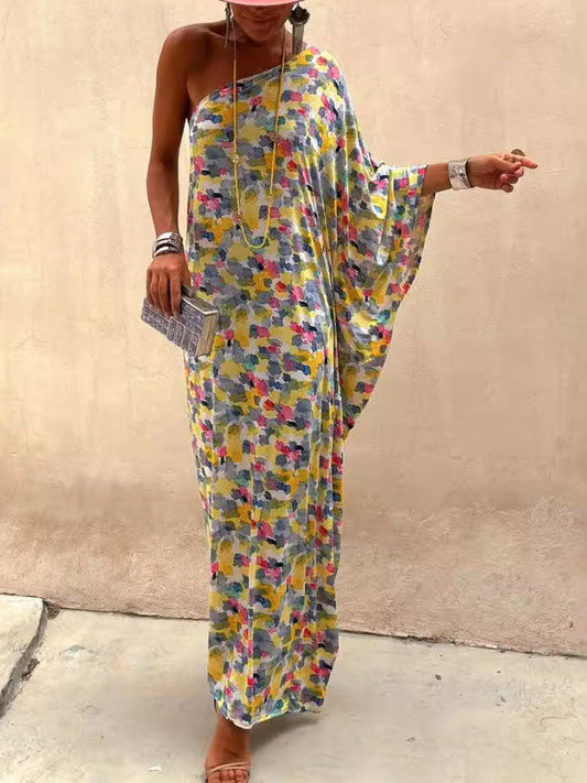 Vestido largo informal con hombros descubiertos y estampado teñido en tinta para vacaciones