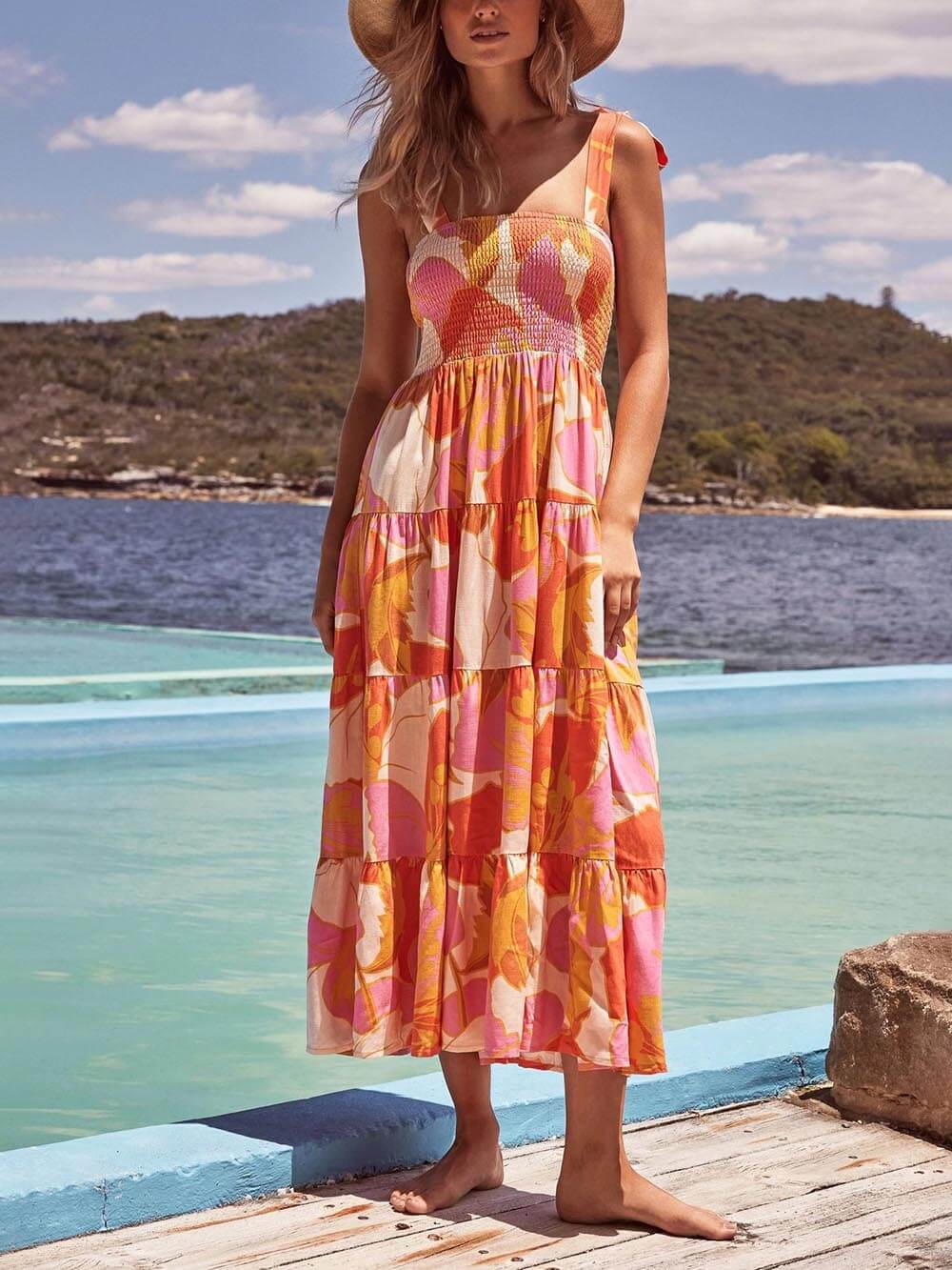 Vestido camisola sin mangas con estampado de pecho elástico plisado Sea Charm