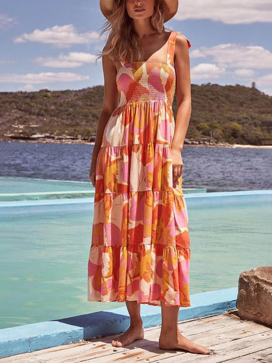Vestido camisola sin mangas con estampado de pecho elástico plisado Sea Charm