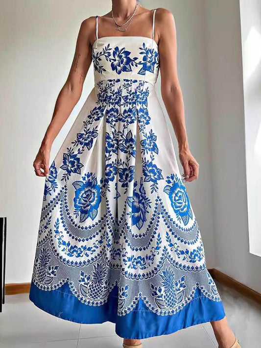 Vestido midi suelto con estampado floral étnico en la espalda