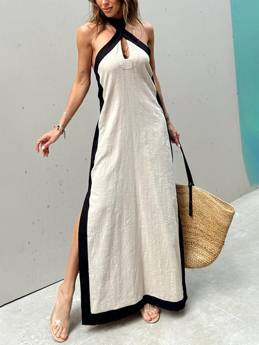 Vestido largo con bloques de color y abertura en el cuello halter