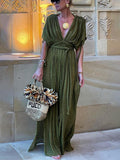 Vestido largo con trenzas drapeadas y kimono con abertura