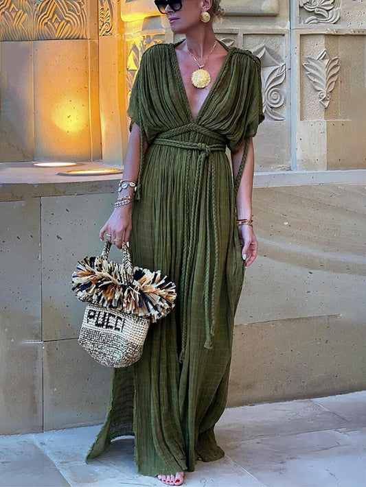 Vestido largo con trenzas drapeadas y kimono con abertura