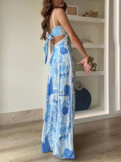 Vestidos largos acampanados con tirantes halter y retazos de encaje con estampado en la espalda