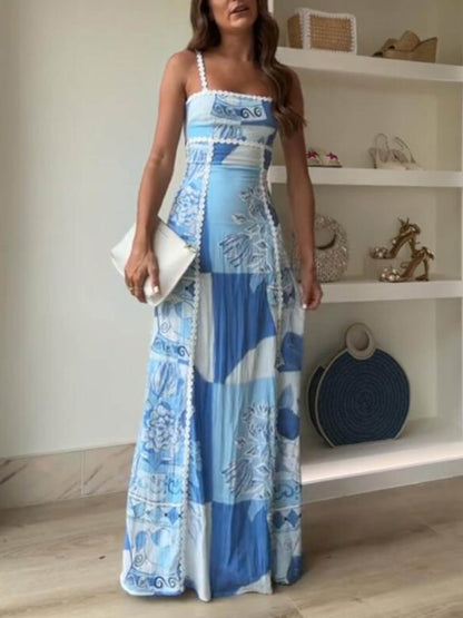 Vestidos largos acampanados con tirantes halter y retazos de encaje con estampado en la espalda