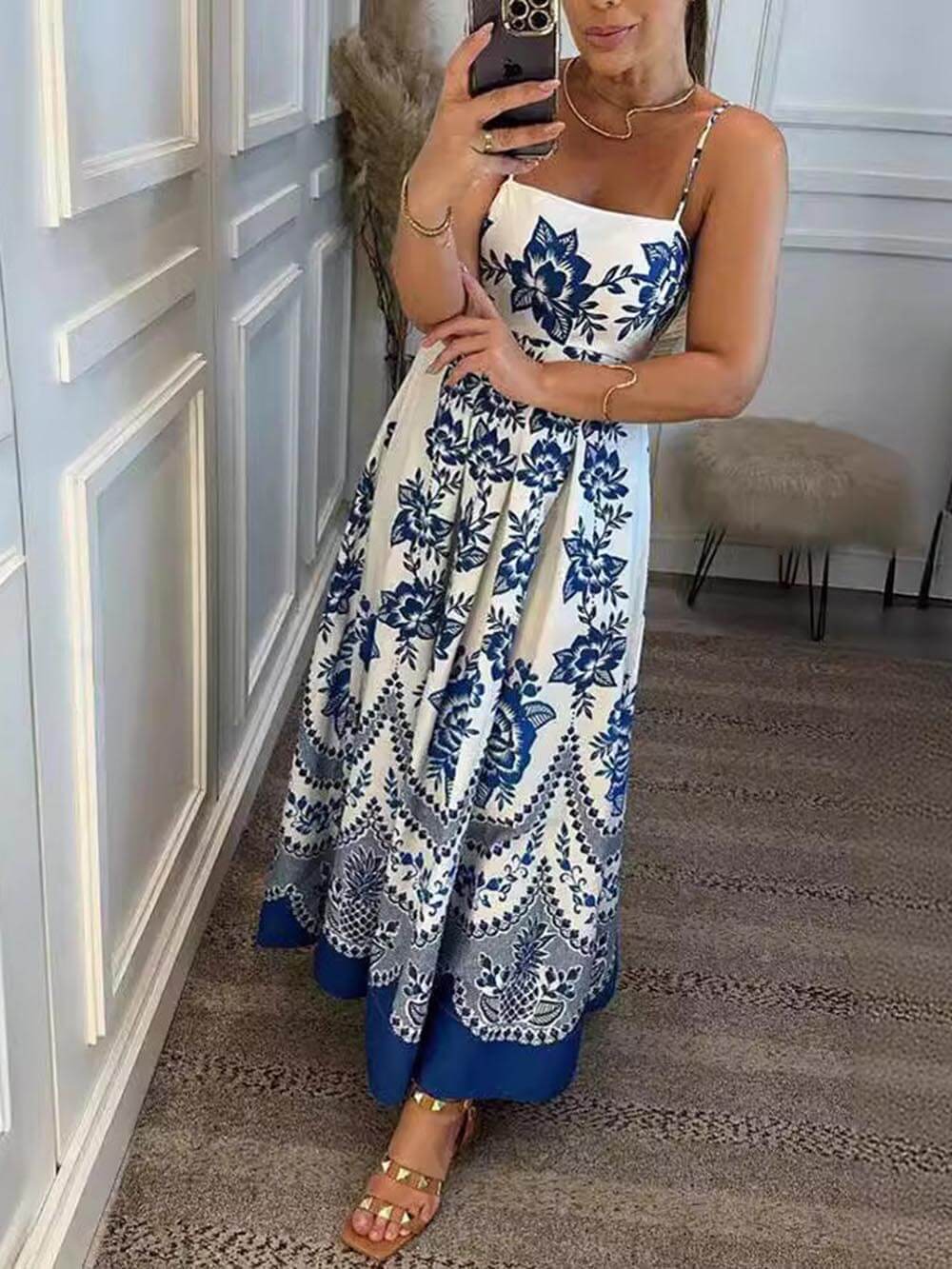 Vestido midi suelto con estampado floral étnico en la espalda