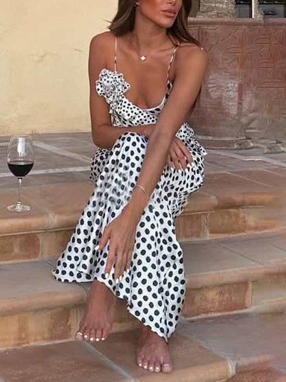 Vestido largo con tirantes y volantes de guipur de fantasía con estampado de lunares