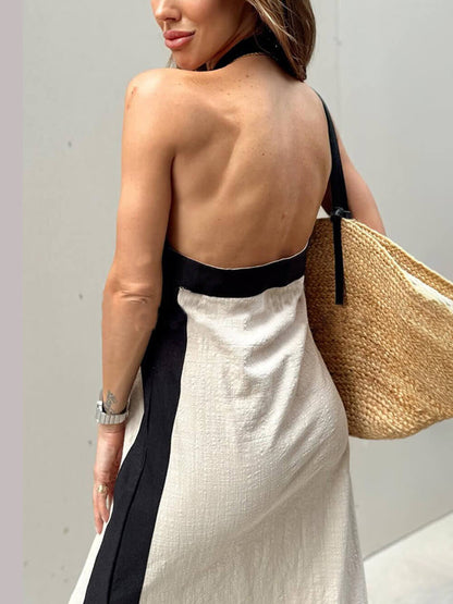 Vestido largo con bloques de color y abertura en el cuello halter