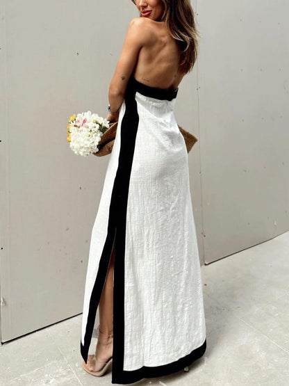 Vestido largo con bloques de color y abertura en el cuello halter