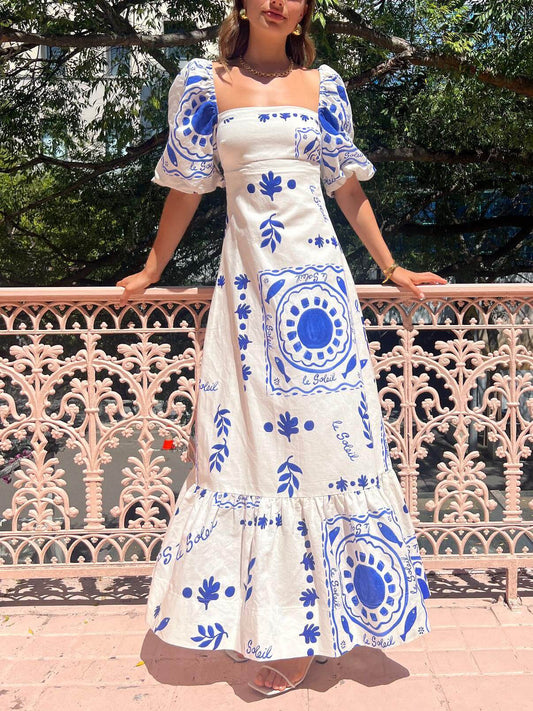 Vestido midi de vacaciones con mangas abullonadas