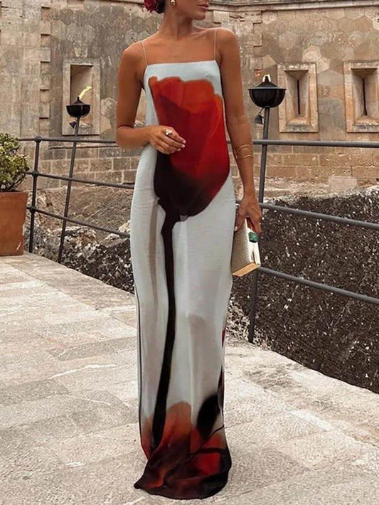 Vestido Largo Recto de Tirantes con Estampado de Tulipanes