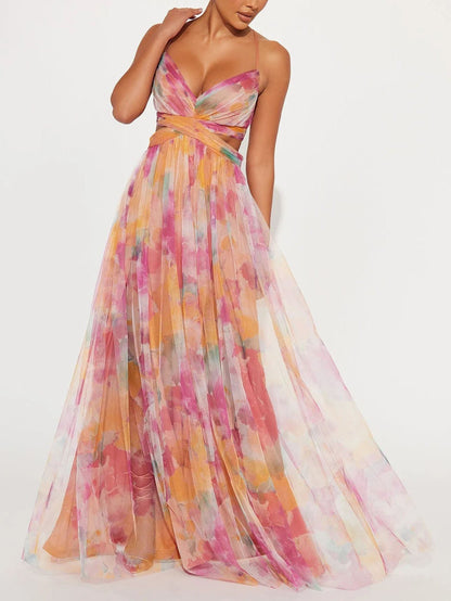 Vestido largo elegante con cuello en V y estampado floral pintado