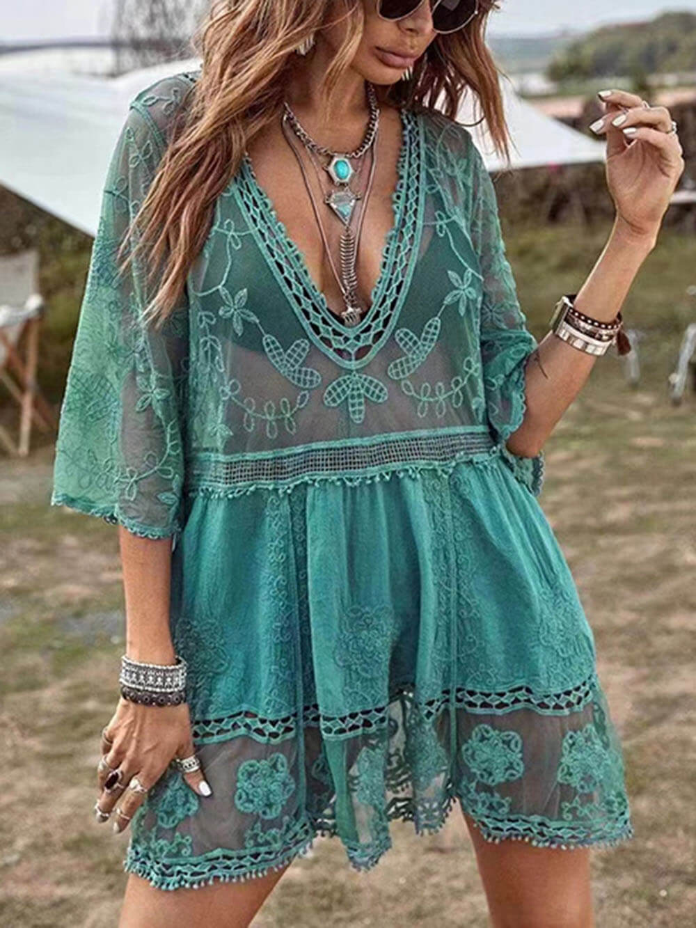 Vestido tipo pareo de bikini para vacaciones en la playa con encaje suelto