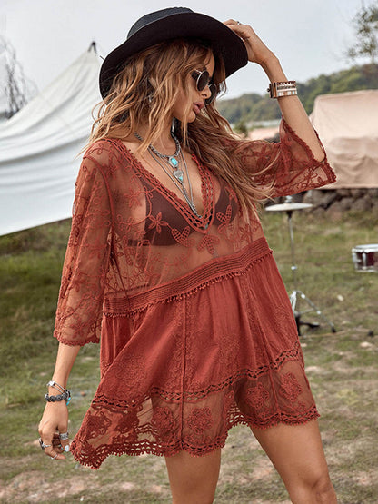 Vestido tipo pareo de bikini para vacaciones en la playa con encaje suelto