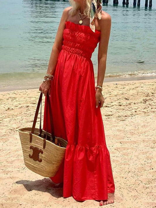 Vestido largo de vacaciones con busto fruncido y hombros descubiertos