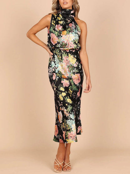 Vestido largo con cintura elástica y estampado floral con cuello halter