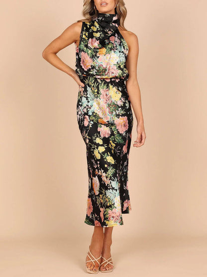 Vestido largo con cintura elástica y estampado floral con cuello halter
