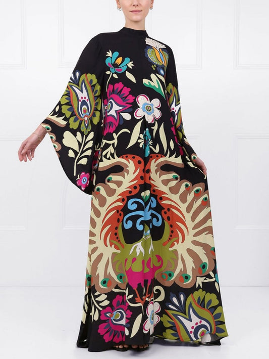 Vestido largo con estampado de pavo real