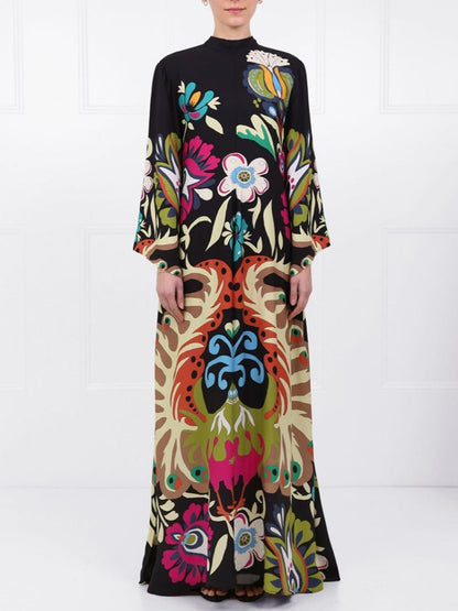Vestido largo con estampado de pavo real