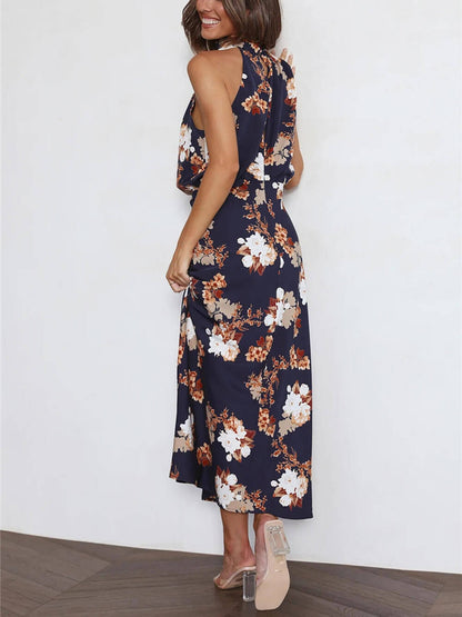 Vestido largo con cintura elástica y estampado floral con cuello halter