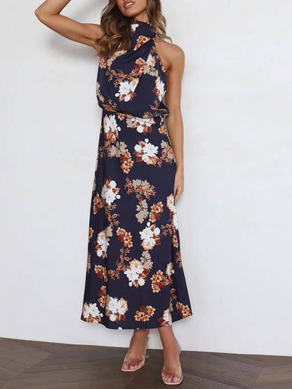 Vestido largo con cintura elástica y estampado floral con cuello halter
