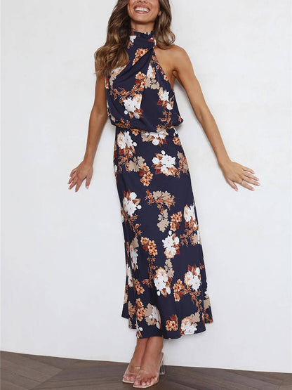 Vestido largo con cintura elástica y estampado floral con cuello halter
