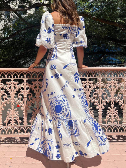 Vestido midi de vacaciones con mangas abullonadas