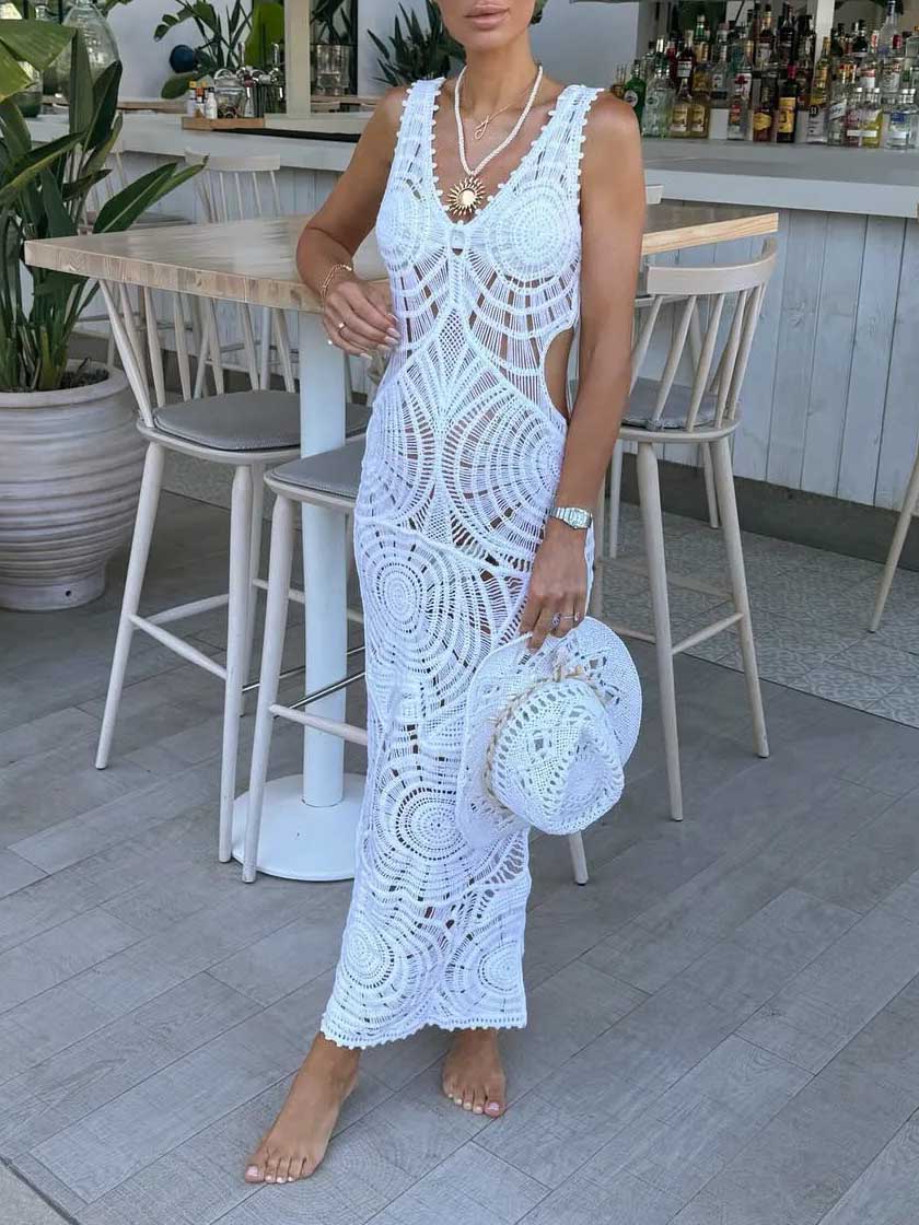 Vestido midi sexy delgado con cuello en V hueco de playa
