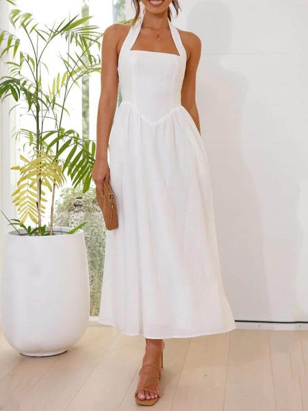 Waist Little Black Halter Neck Dress Mid Length Dress