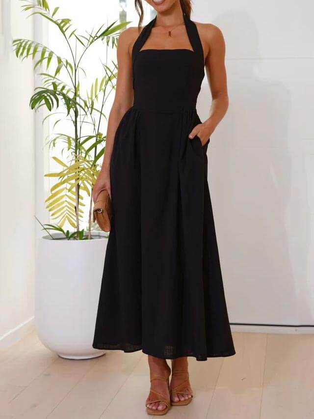 Vestido negro con cuello halter y cintura Vestido de longitud media