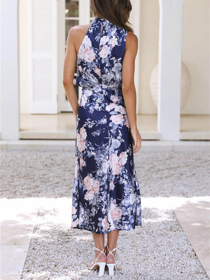 Vestido largo con cintura elástica y estampado floral con cuello halter