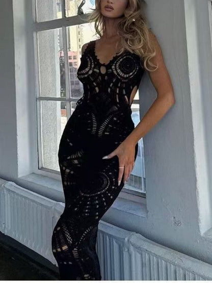 Vestido midi sexy delgado con cuello en V hueco de playa