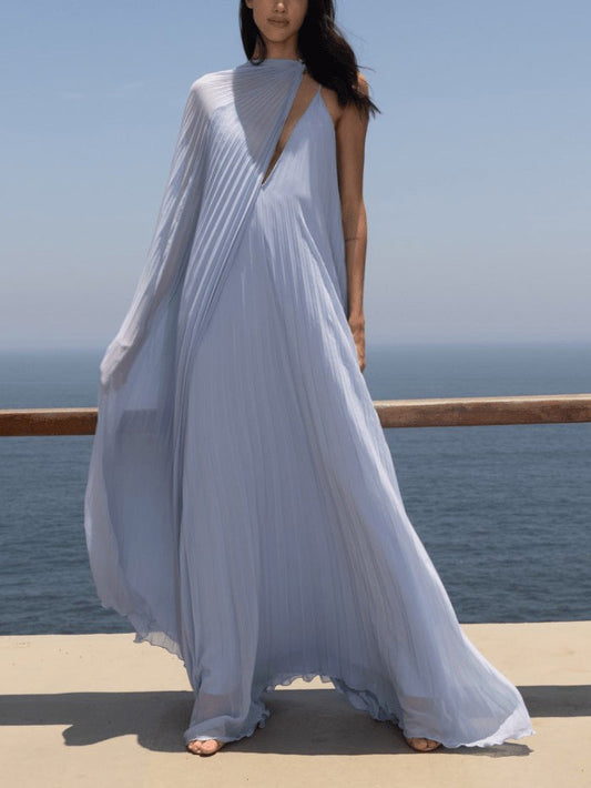 Vestido largo fluido plisado elegante con cuello en V
