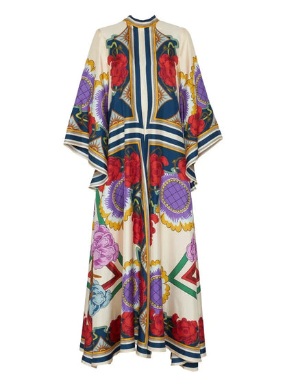 Exquisito vestido largo con mangas en cascada drapeadas y estampado floral