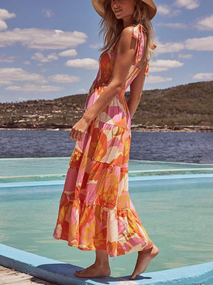 Vestido camisola sin mangas con estampado de pecho elástico plisado Sea Charm